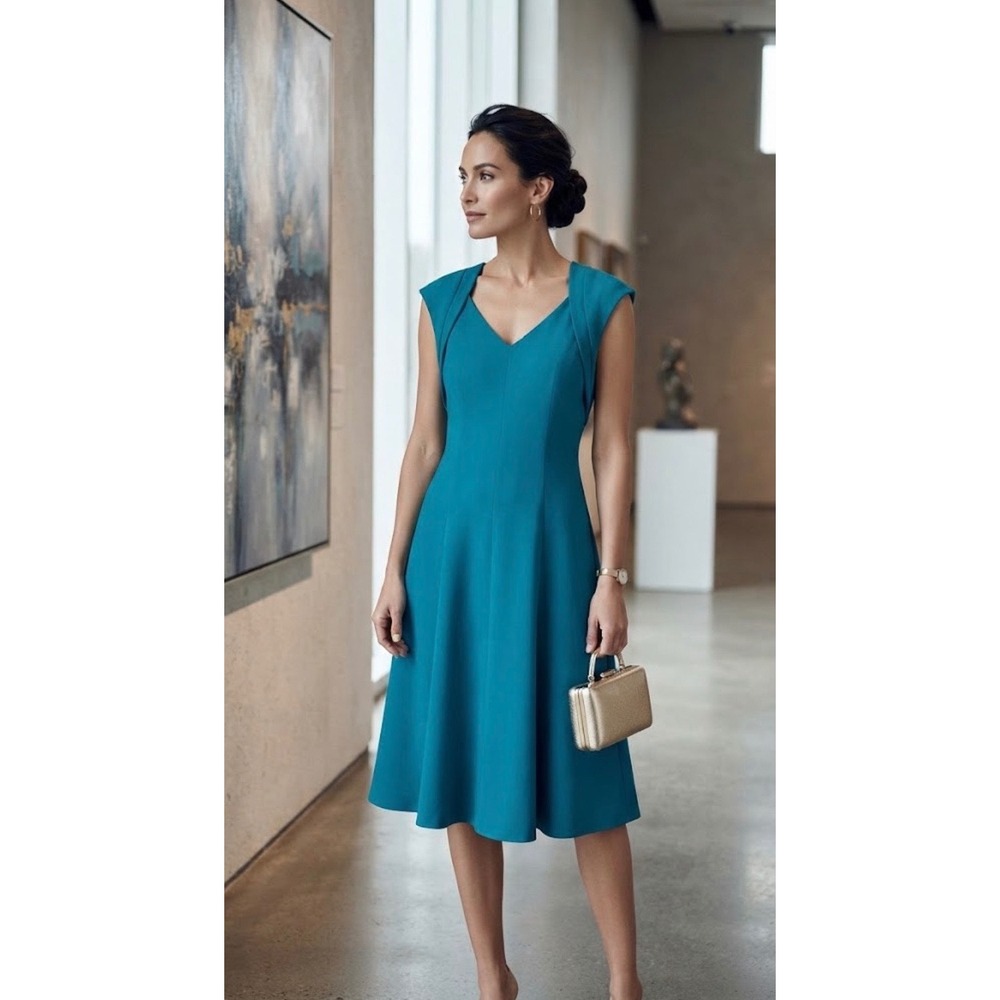 Calvin Klein Fit and Flare Dress Womens 4 Teal Blue Classiccore Heritage Preppy